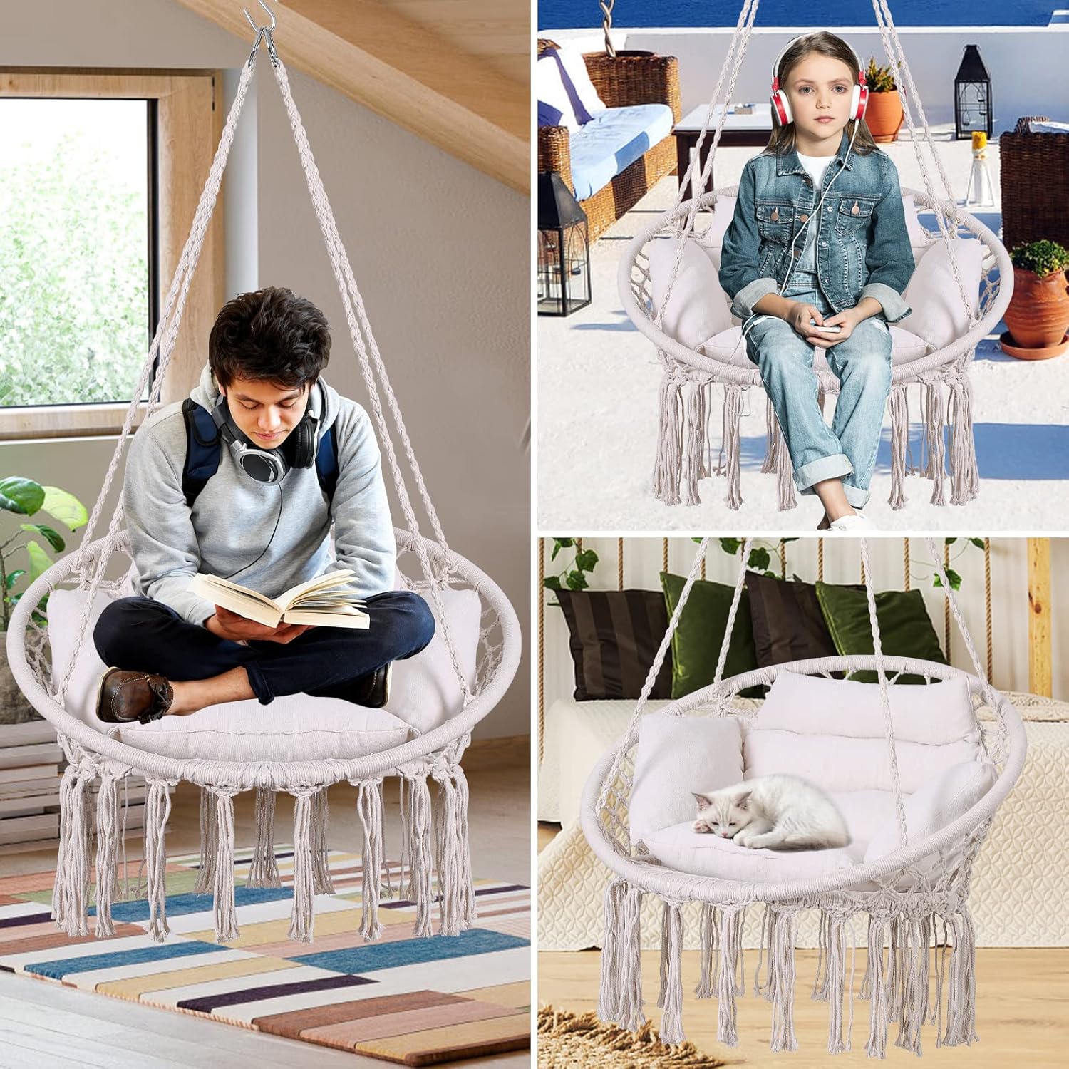 Hammock Chair Macrame Hanging Swing Chairs with Cushion and Hardware Kit Set Ceiling Hook Braided Fringes Hanging Chair