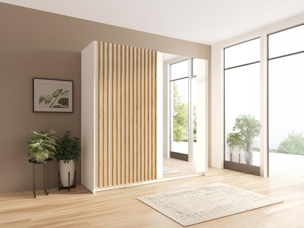 Armario 2 puertas correderas con espejo - 200 cm - blanco y natural