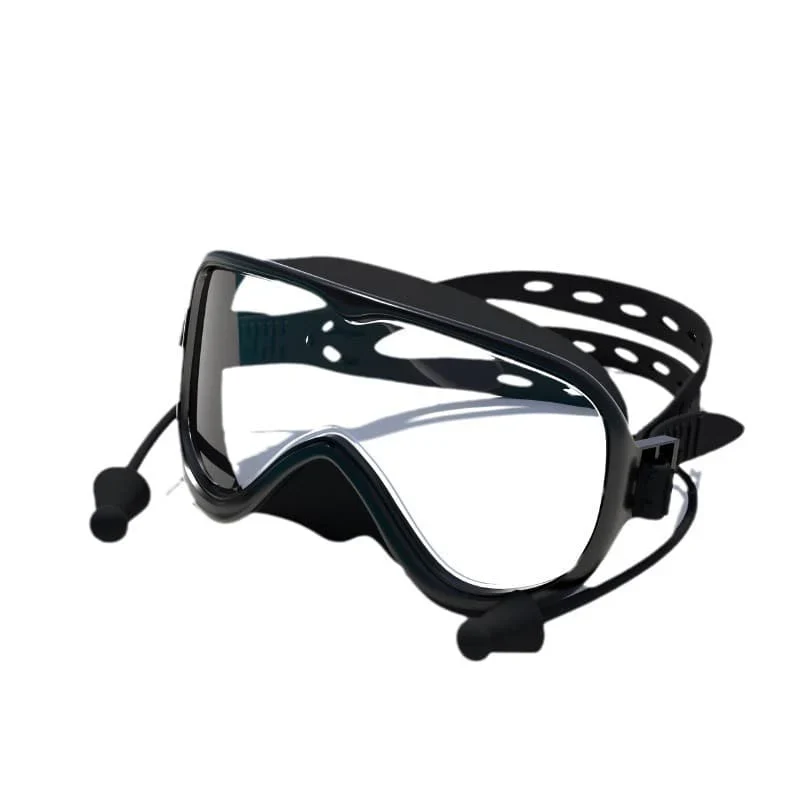 Silicone Large-Frame Swimming Goggles With Cap Set, Black - Clear Lens