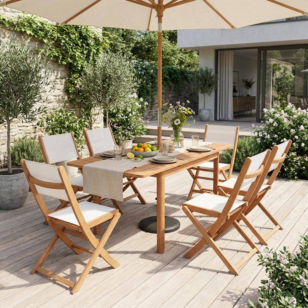 Arbo + Almeria - Conjunto mesa de jardín extensible de madera de eucalipto con 6 sillas