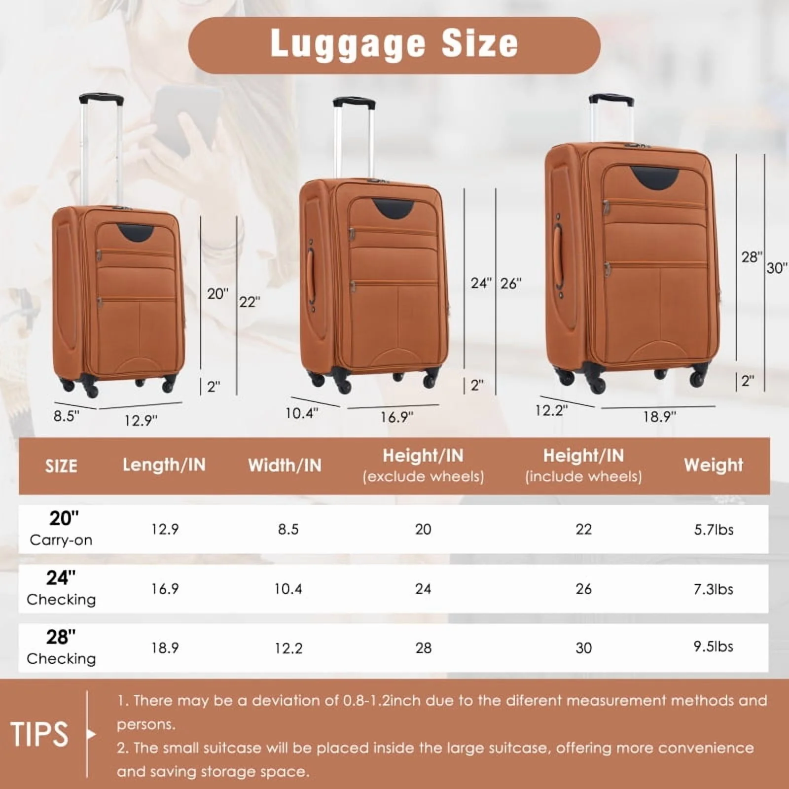 Softside Luggage Expandable 3 Piece Set Suitcase Upright Spinner Softshell Lightweight Luggage Travel Set - Image 43
