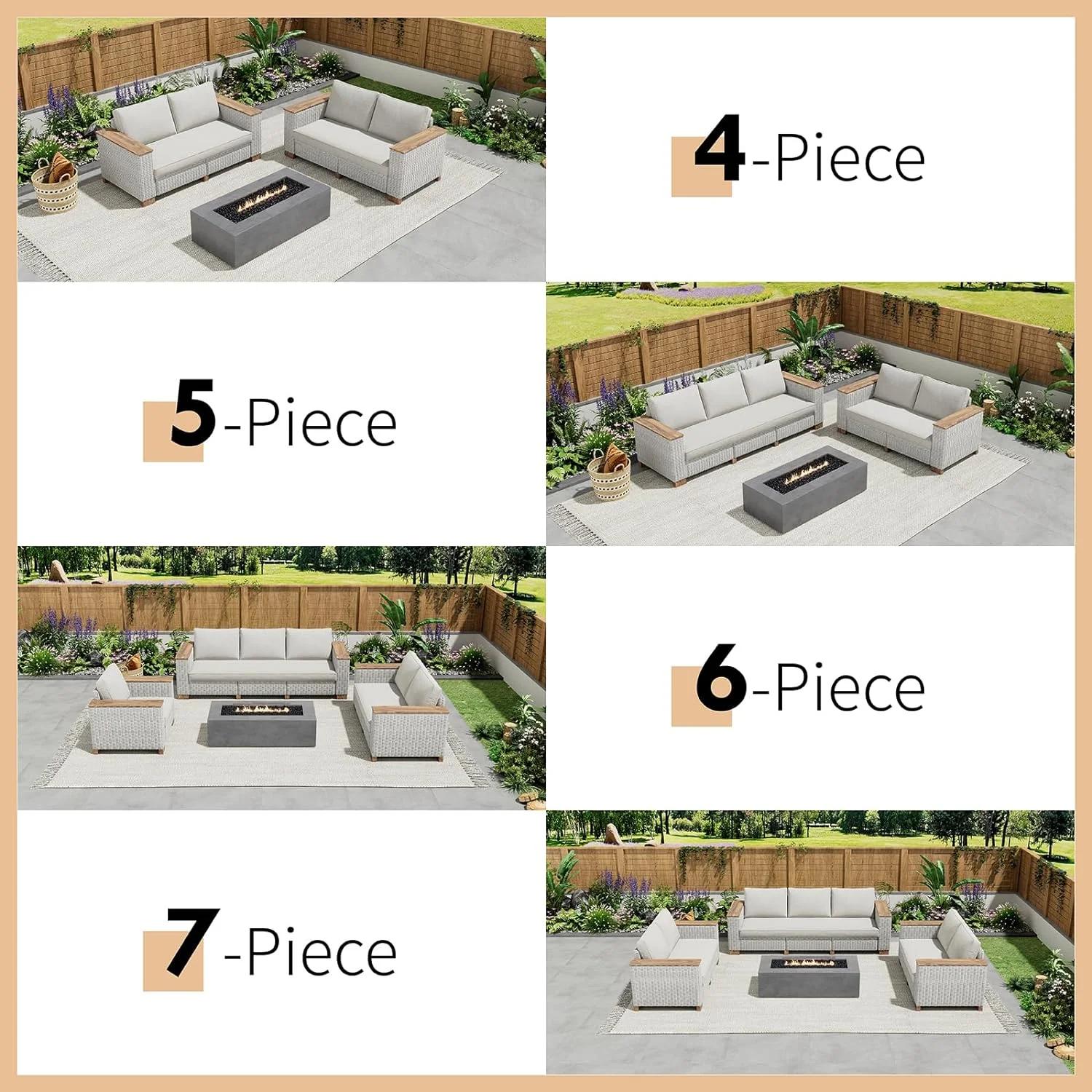 Jocisland Patio Furniture Set, 6 Piece Modular Rattan Outdoor Sectional Set with Washable Cushions, 3-Seat Outdoor Couch, 1 Loveseat, 1 Single Chair for Lawn Deck Backyard Garden, Beige - Image 8
