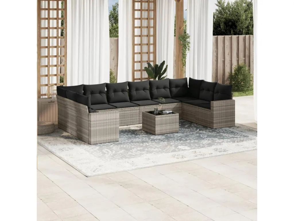 Set de sofás de jardín 11 pzas y cojines ratán sintético gris 03957hmkj