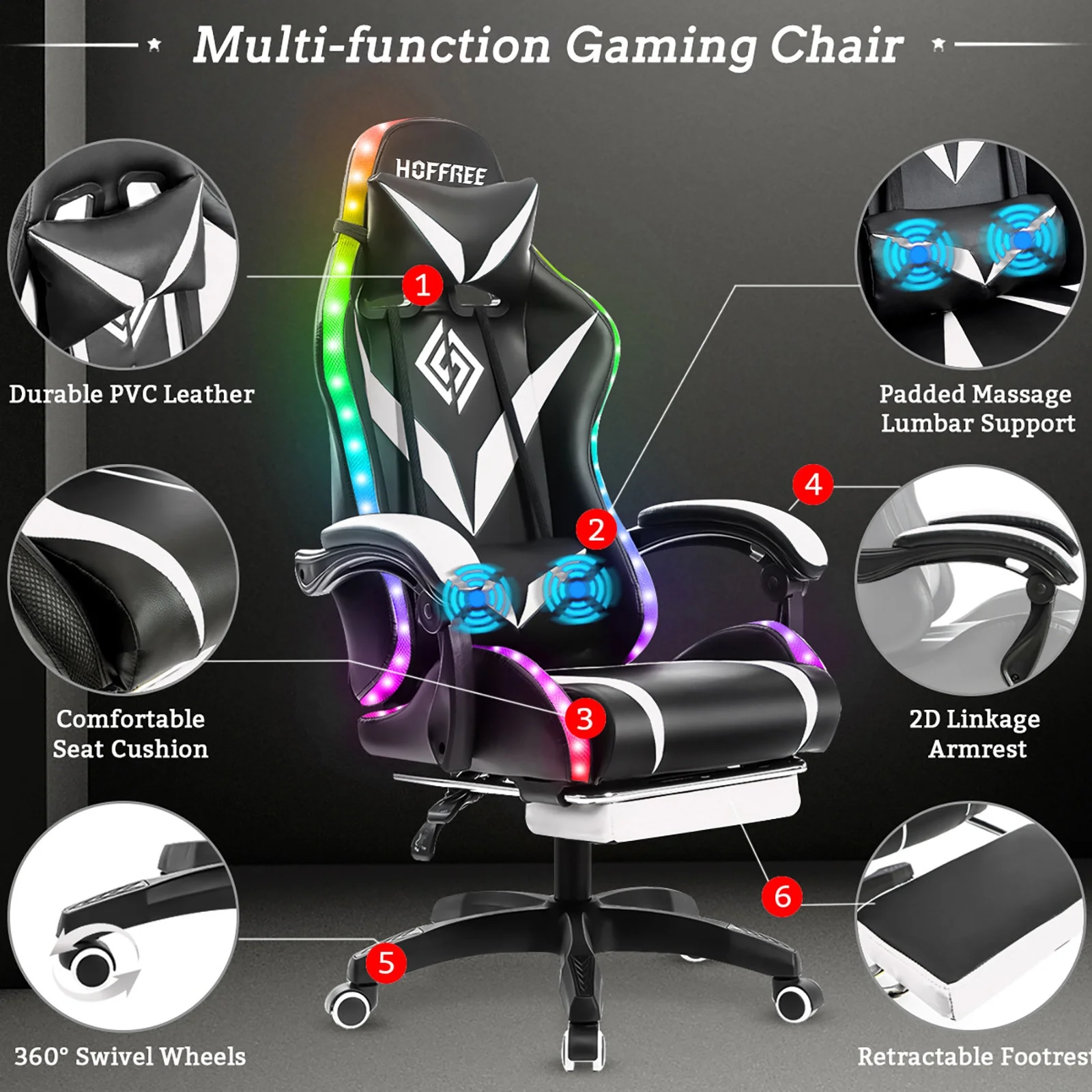 Hoffree Gaming Chair with Speakers PU Leather Office Chair with Footrest and LED Lights Ergonomic Gamer Chair with Massage Lumbar Support and Headrest Adjustable Swivel for Home Office 300lb - Image 68