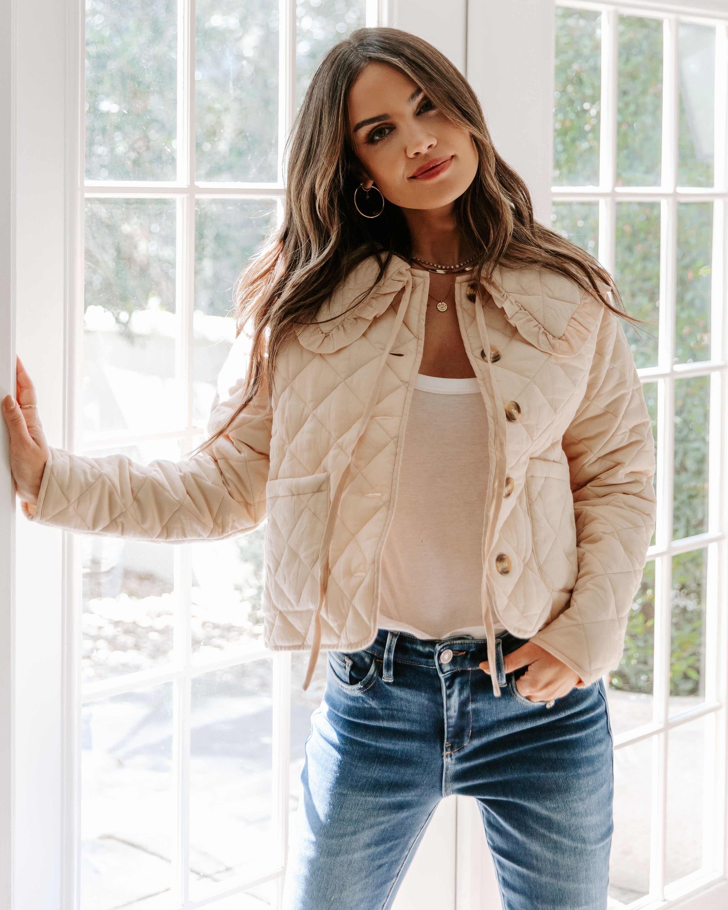 Loretta Cotton Pocketed Quilted Jacket - Beige - Se7enfashion