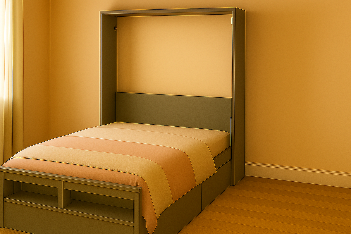 Cama abatible pared dormitorio almacenamiento horizontal tamaño estándar beige madera