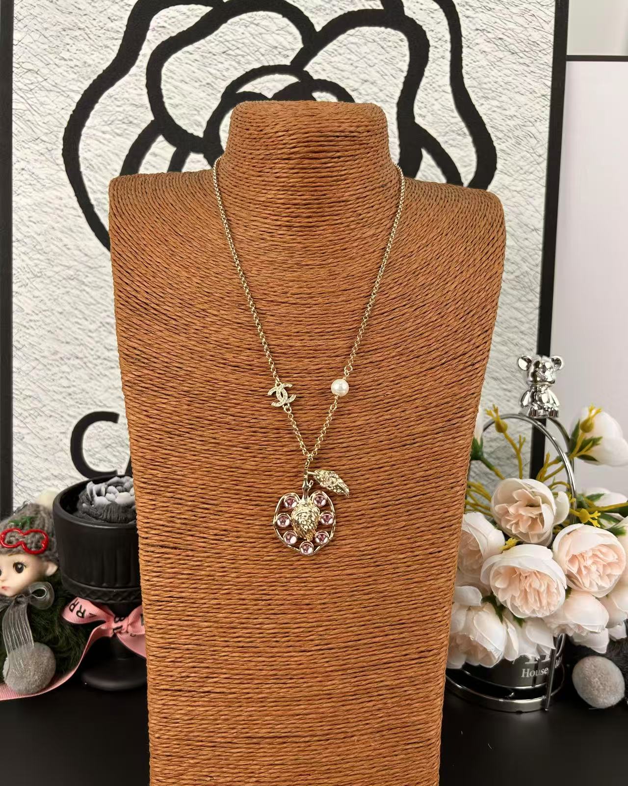Chanel Pink Rhinestone Peach Pendant Necklace - Original Replica Club