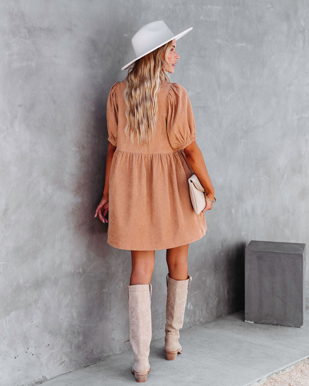 Owen Corduroy Puff Sleeve Babydoll Dress - Camel - Se7enfashion