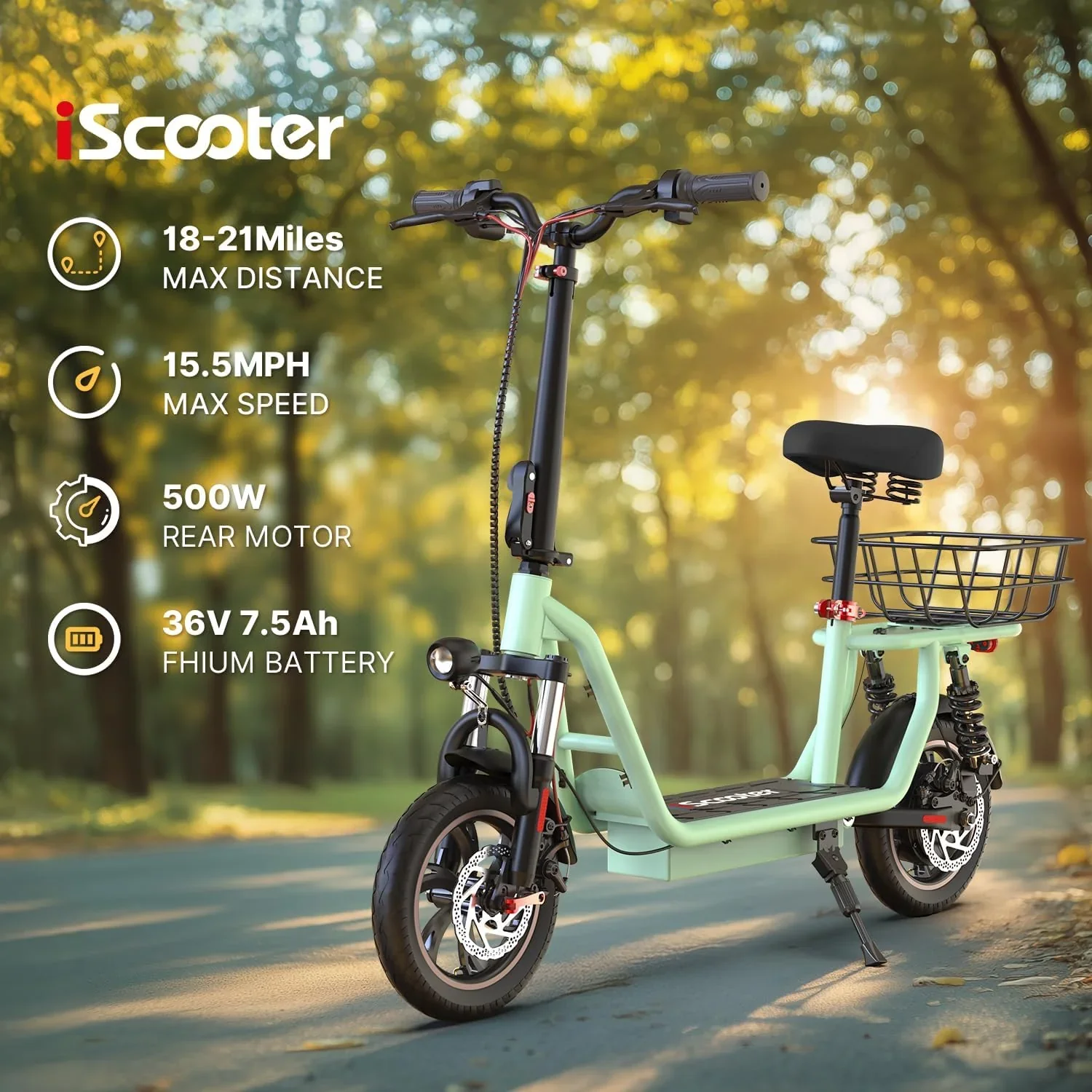 iScooter electric scooter with seat 28/19/15.6 mph top speed dual suspension scooter