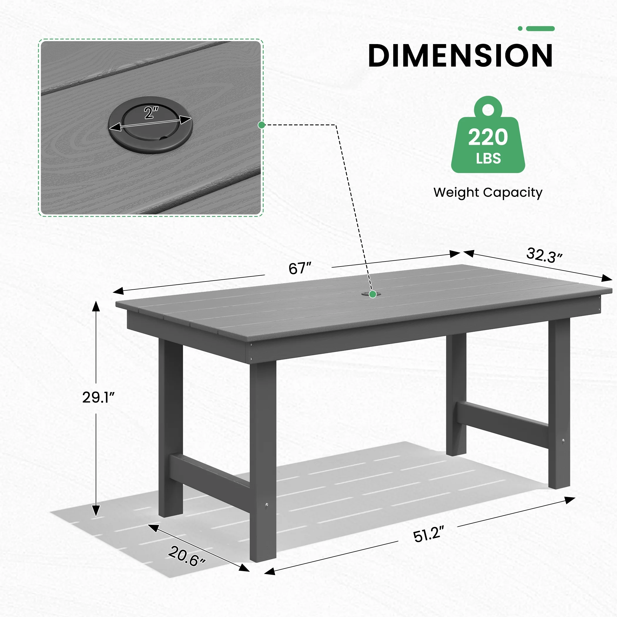 SERWALL Outdoor HDPE Dining Table Set, 7-Piece Outdoor Dining Table Sets with Umbrella Hole, Grey - Image 8