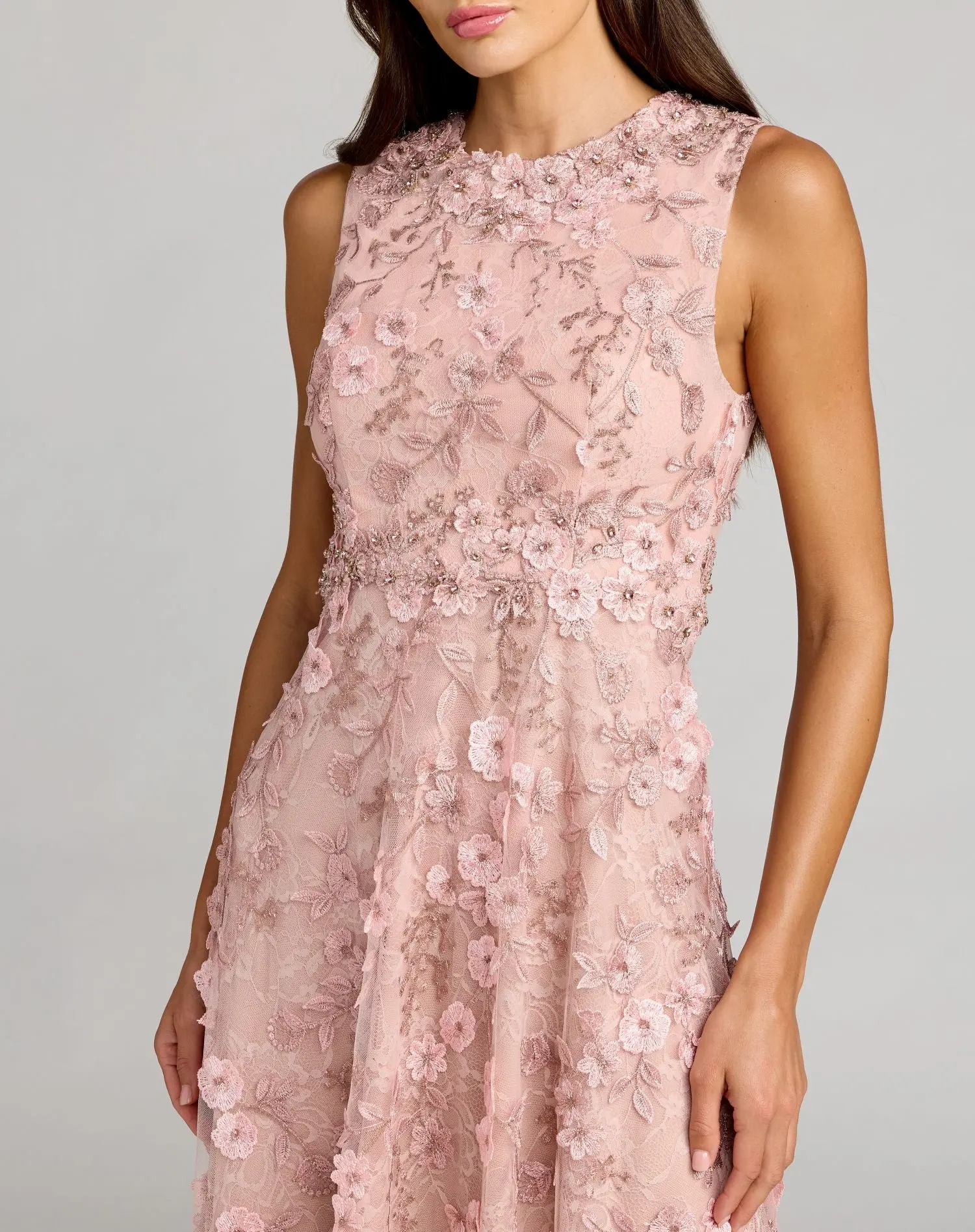 Pink Floral Embroidered High Neck Midi Dress - Special Events Unlimited