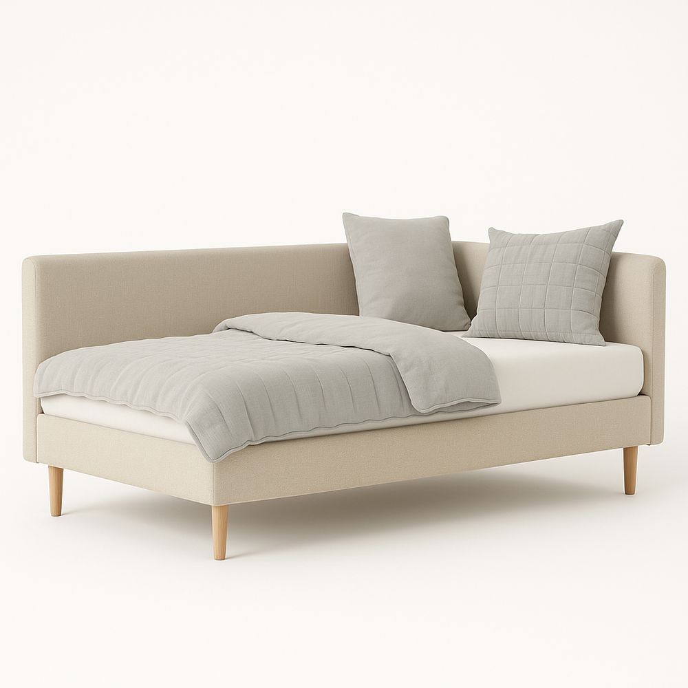 Diván Moderno de Tela Beis con Almohadas, Sofá Cama Funcional para Espacios Pequeños, Estructura de Madera, Tamaño Individual