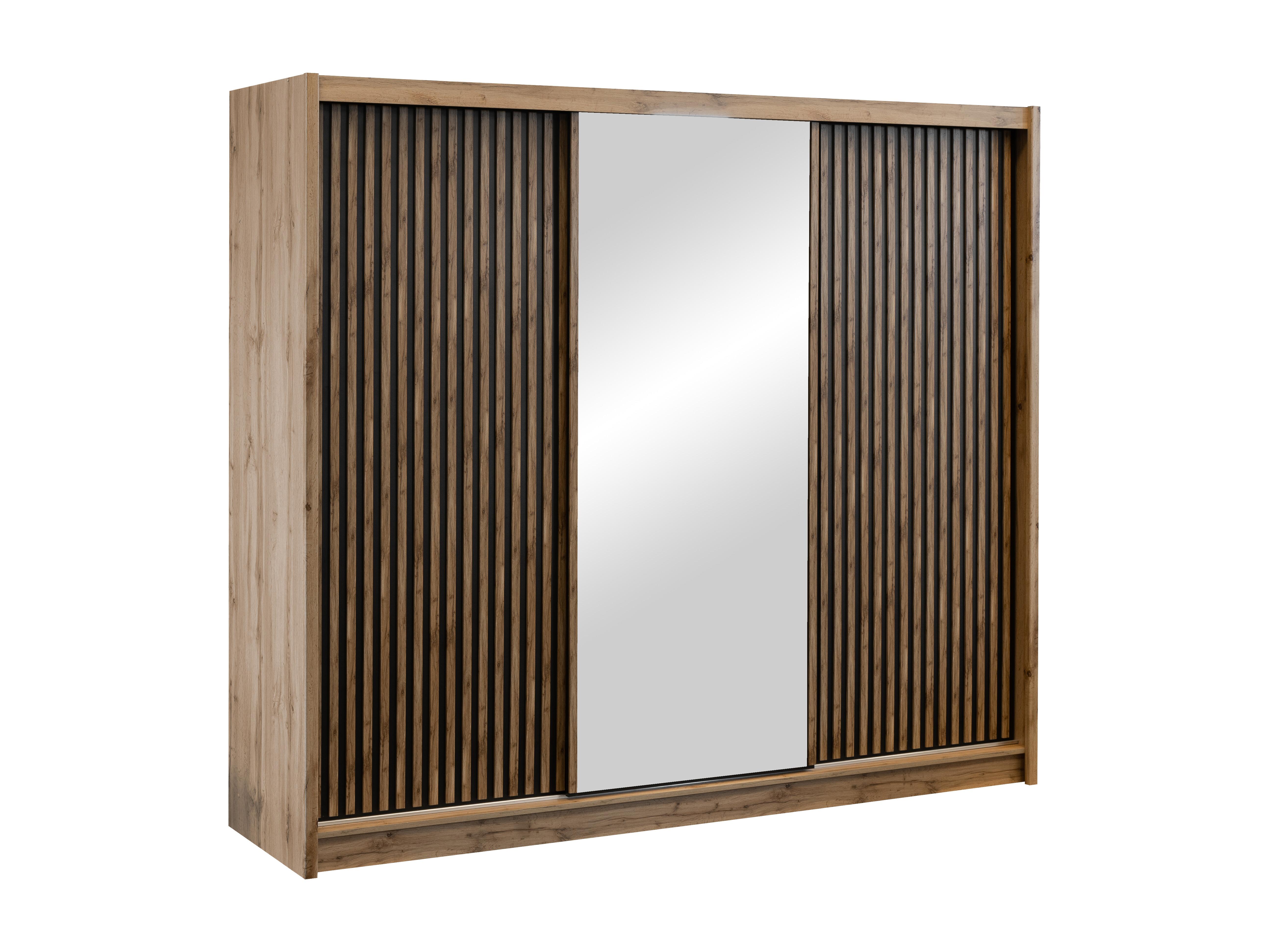Armario 3 puertas correderas - Con espejo - L250 cm - Color: Natural y negro