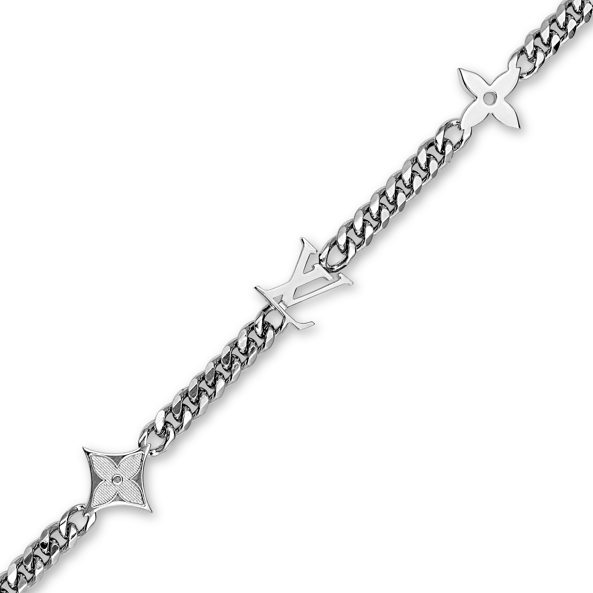 Louis Vuitton Silver Cuban Chain Monogram Necklace Mens - Original Replica Club