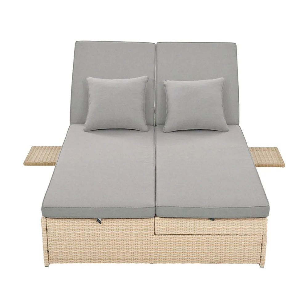 Harper & Bright Designs Rattan Outdoor Double Lounge Chaise 2-Person PE Wicker Outdoor Patio Sunbed with Canopy Cover for Backyard Garden Balcony, Beige+Black - Image 40