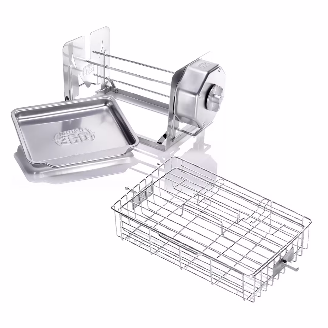 ROTO - Q 360 Cordless Rotisserie Kit W/Flat Cage for Grills, Ovens, Smokers - Non - Electric Spit Roaster - Gas or Charcoal BBQ - Kamado Joe Green Egg Kettle - Indoor Outdoor Cooking(Stainless Steel)