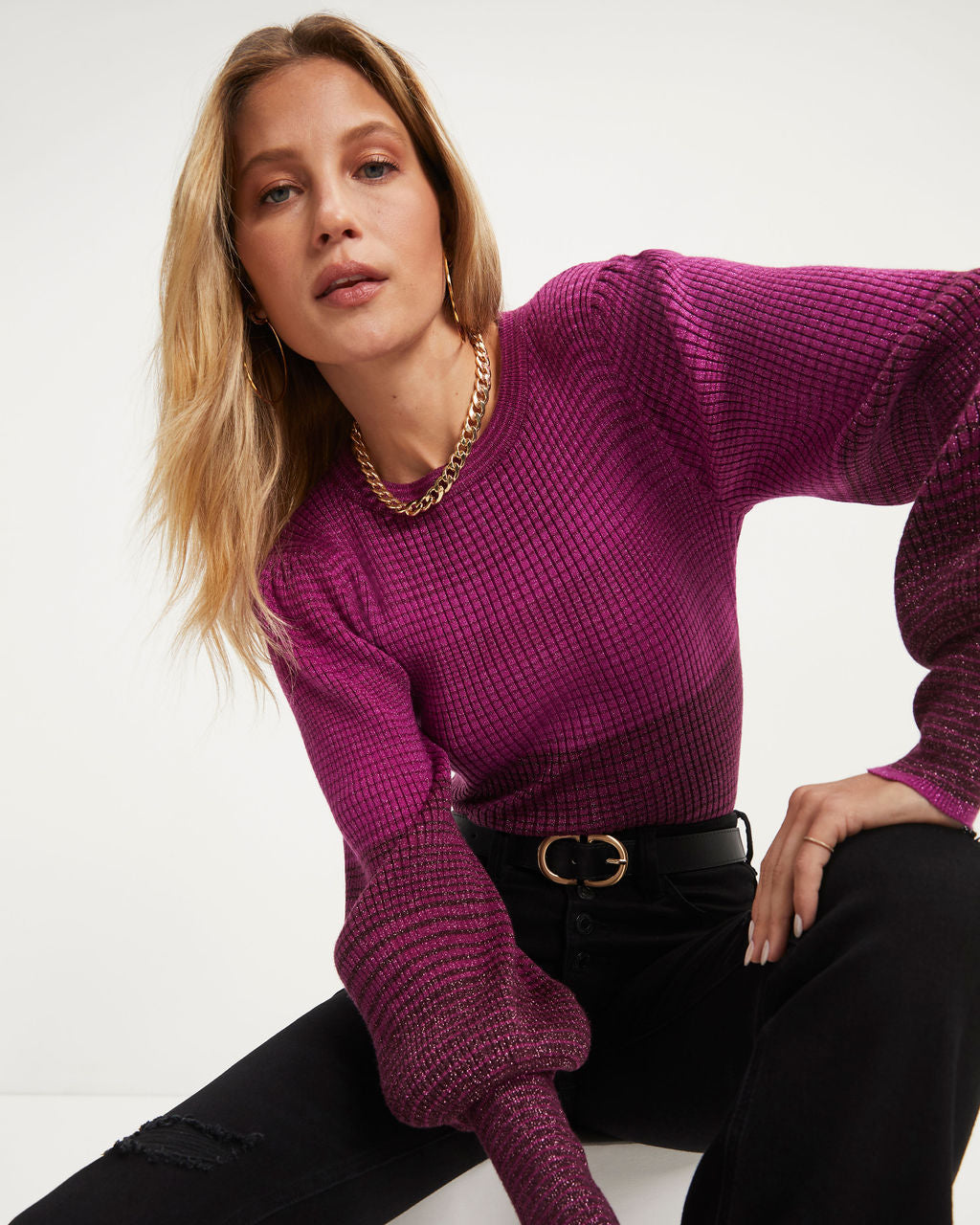 Fall Sunsets Ribbed Balloon Sleeve Pullover Sweater - Plum - Se7enfashion