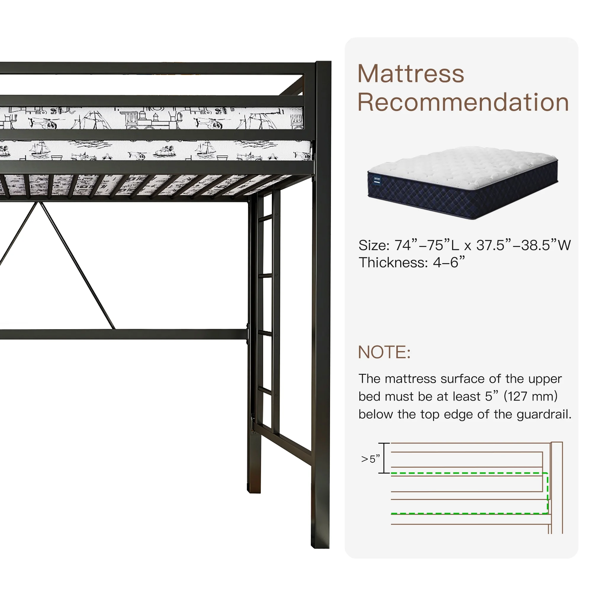 Einfach Metal Twin Size Loft Bed with Removable Ladder & Full-Length Guardrail, White - Image 18