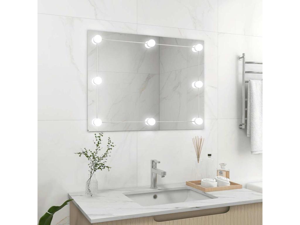 Espejo de pared sin marco con luces LED rectangular de vidrio