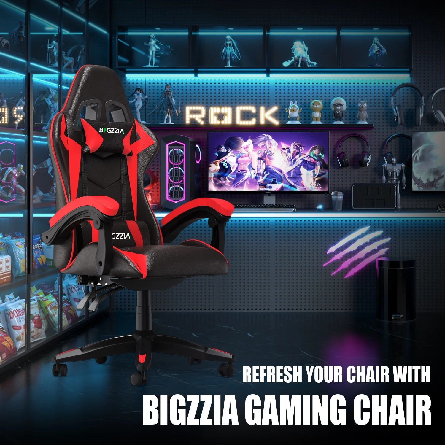 Bigzzia Gaming Chair Office Chair, Ergonomic Game Chair with Height Adjustable Headrest and Lumbar Support for Adults Teens, Black & White - Image 47