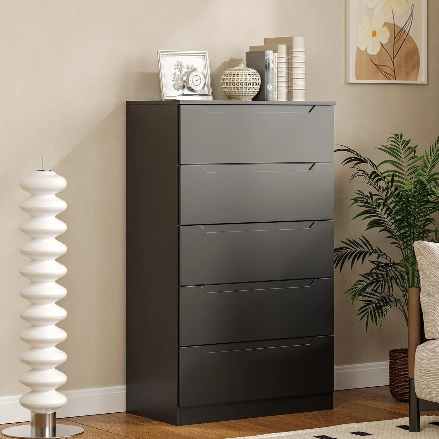 Winkalon Vertical 5 Drawer Dresser, Wood Storage Cabinet with Upgraded Stable Base for Bedroom Living Room, Black - Image 2