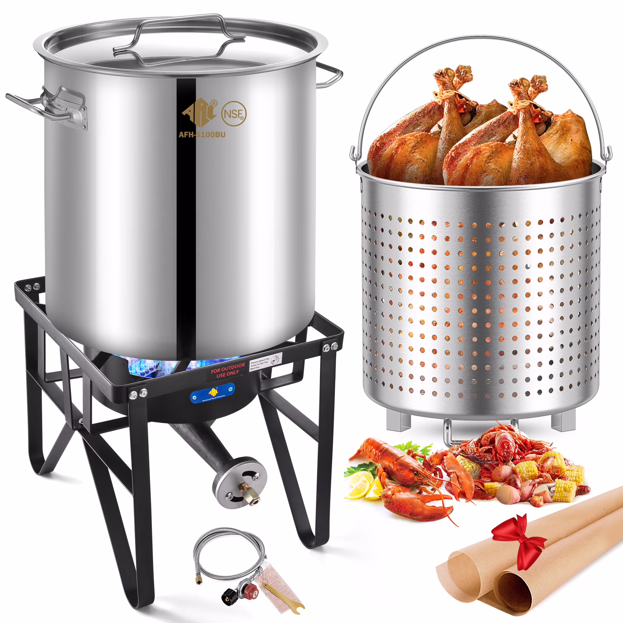 64QT Stainless Steel Seafood Boil Pot with 200,000BTU Single Burner Propane Stove, Heavy Duty Propane Burner For Outdoor Cooking Turkey Fryer, Crawfish Boil, Homebrewing