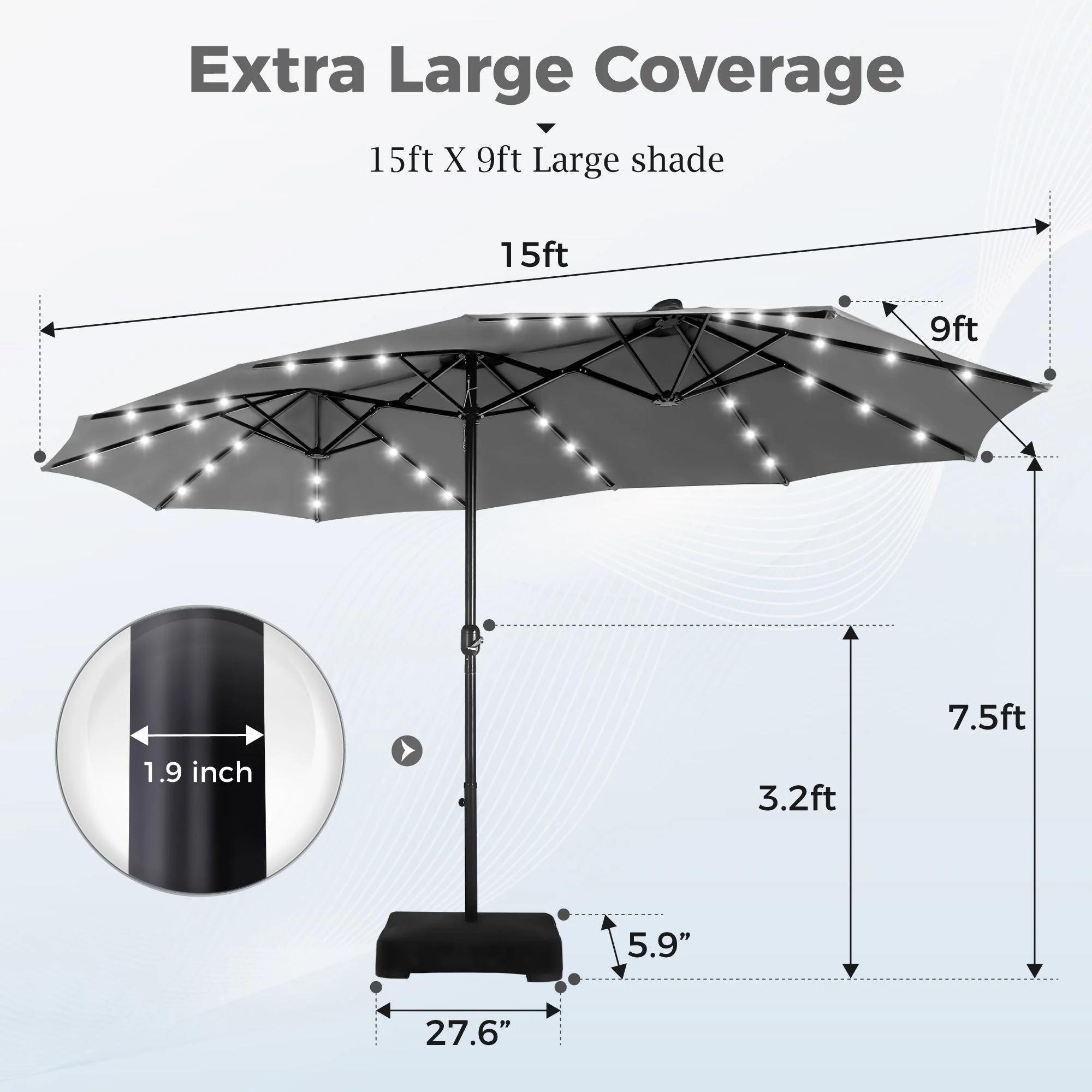 Alpha Joy 15ft Extra Large Outdoor Patio Double-Sided Umbrella with LED Solar Lights & Umbrella Base, Beige - Image 41