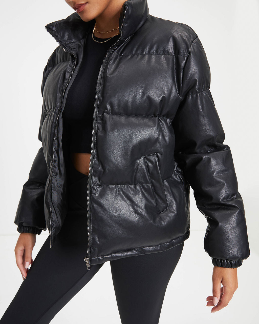 Raza Pocketed Faux Leather Puffer Jacket - Black - Se7enfashion