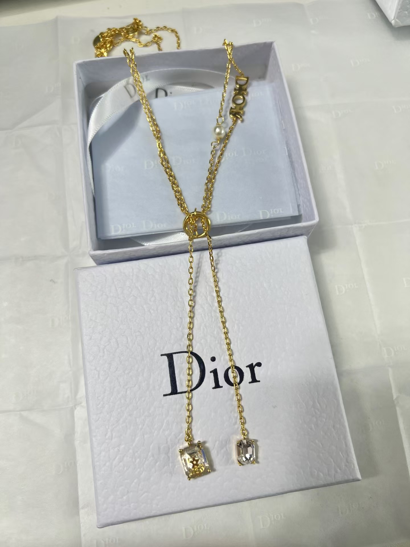 Dior Two Layered Two String Diamond Pendant Drop Y Necklace - Original Replica Club