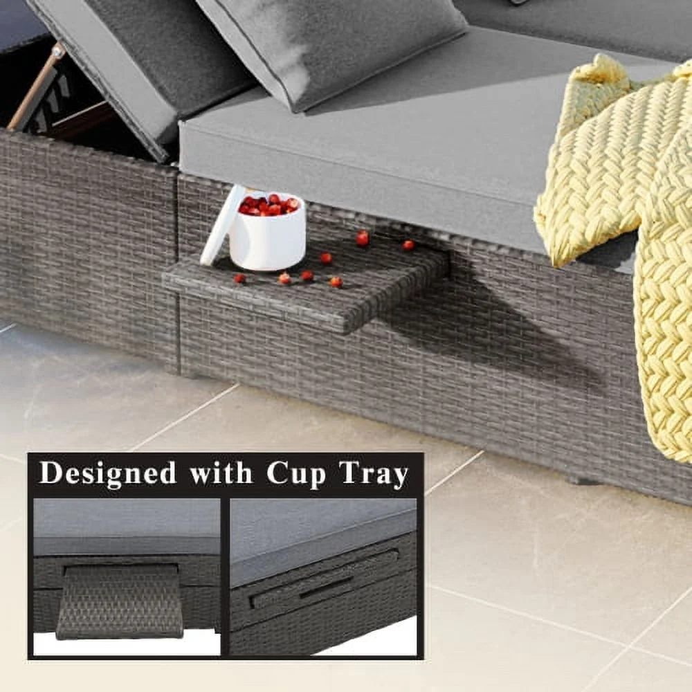 Harper & Bright Designs Rattan Outdoor Double Lounge Chaise 2-Person PE Wicker Outdoor Patio Sunbed with Canopy Cover for Backyard Garden Balcony, Beige+Black - Image 59