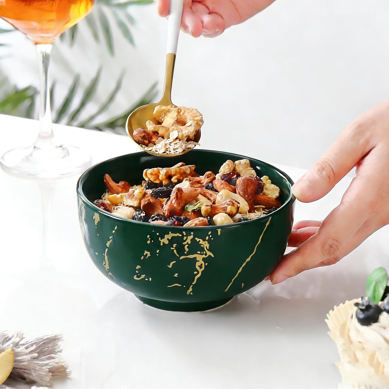 6-Piece Green and Gold Marble Ceramic Bowls, 20 oz – Bohemian Soup & Cereal Bowl Set, Dishwasher & Microwave Safe, for Ramen, Pasta, Salad, Dessert