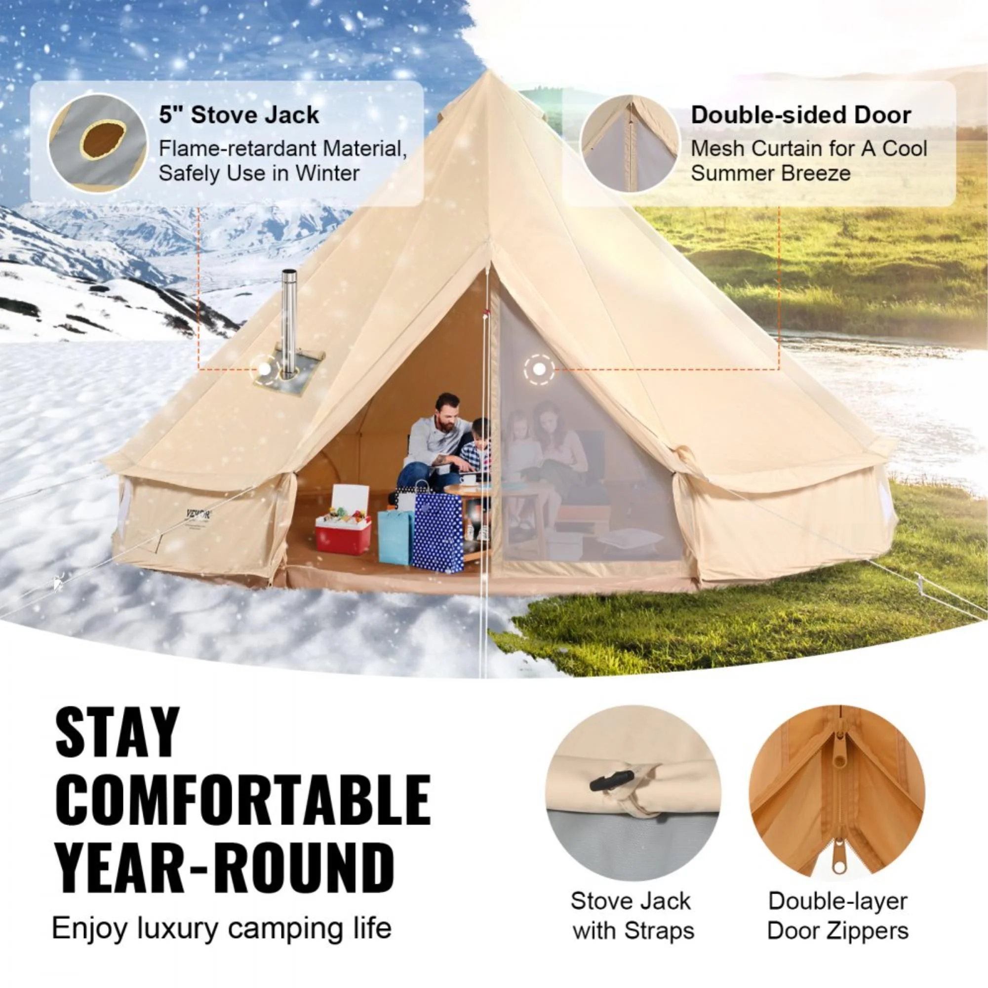 12-Person Waterproof Glamping Bell Tent with Stove Jack, Breathable Large Yurt Tent for Family Camping, 23'x23', Detachable Side Wall - Image 3