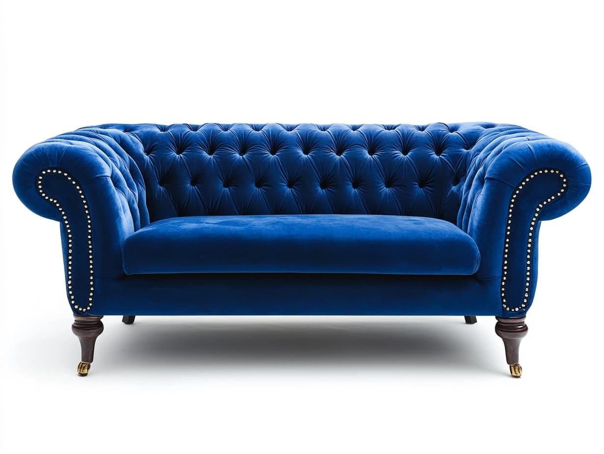 Sofá Chesterfield de Terciopelo Azul 2 Plazas con Patas de Madera y Tachuelas