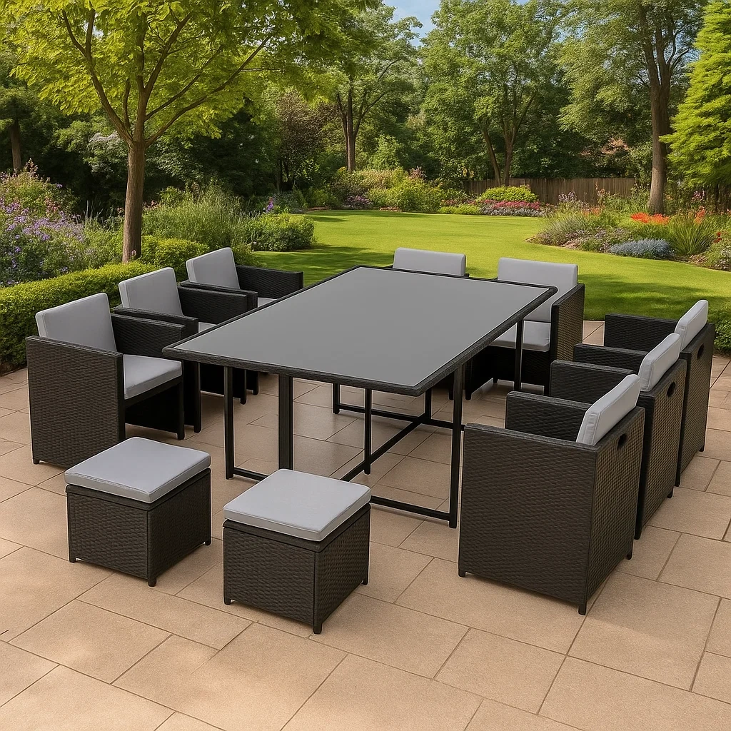 Conjunto de comedor de jardín para 10 personas, ratán sintético negro, cojines grises, mesa rectangular de vidrio templado - hSXyxtf214AD