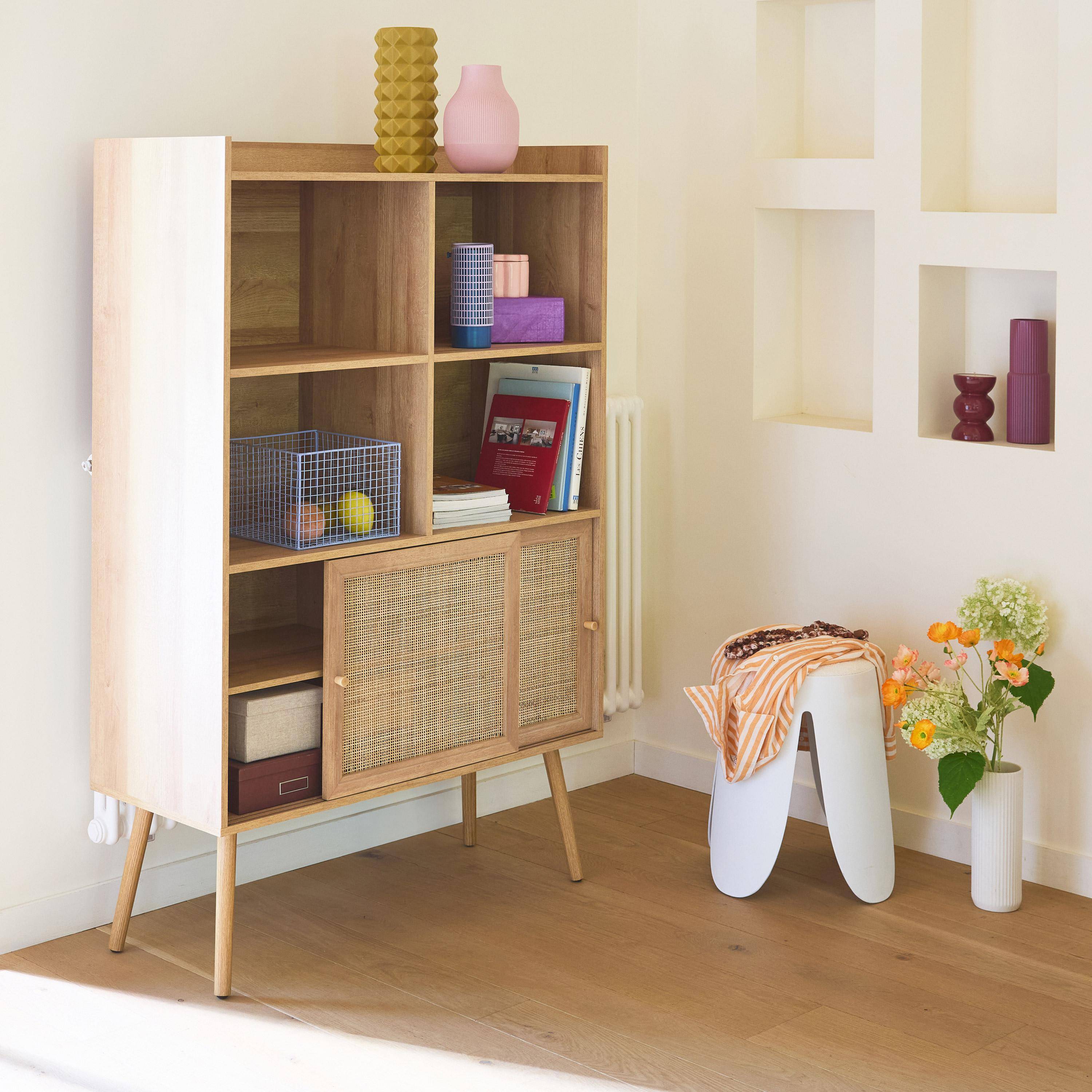 Boheme - Librería de 5 estantes, puertas correderas, efecto madera y caña