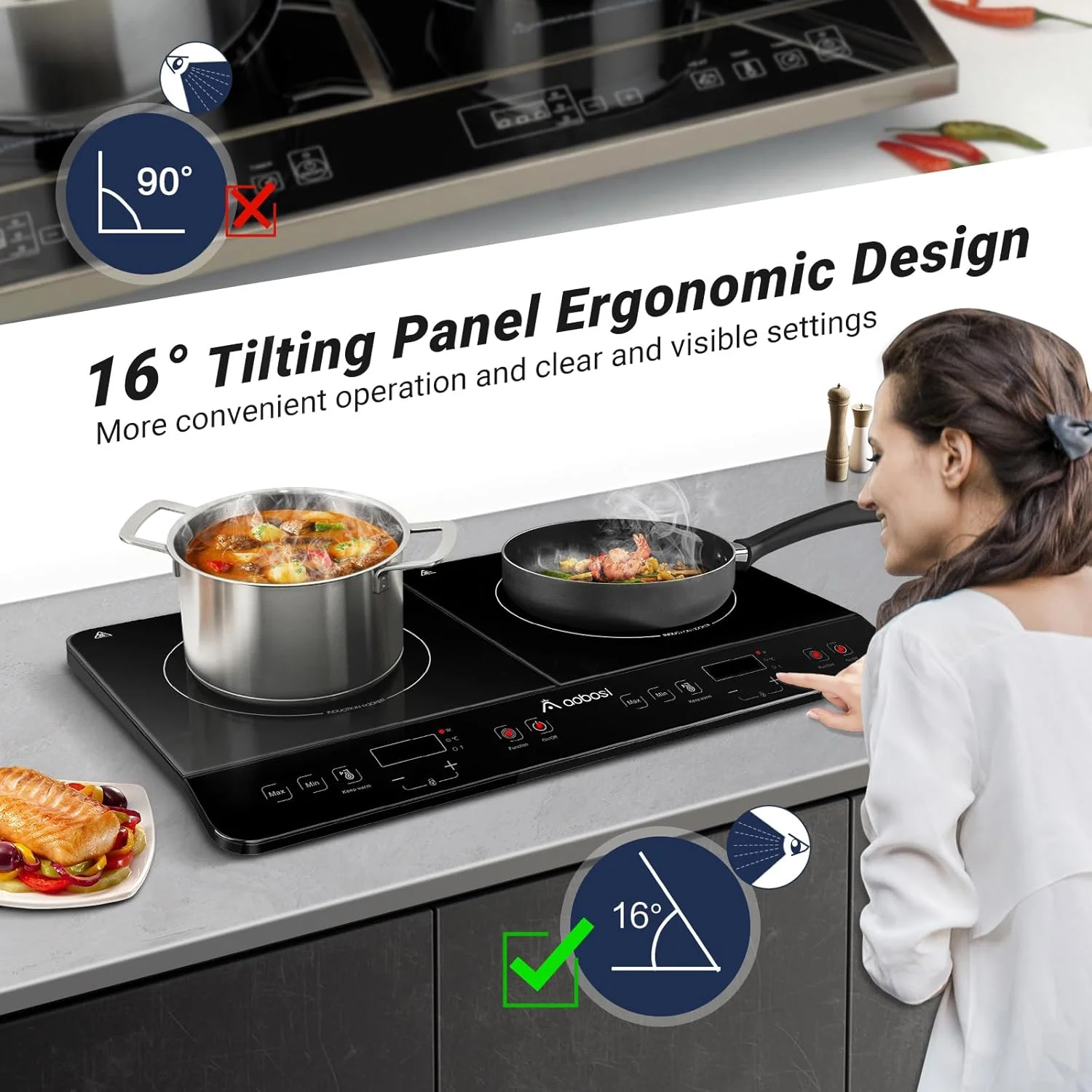 Aobosi Double Induction Cooktop with 2 Burners, 1800W Electric Stove Cooktop with Sensor Touch, 10 Temperature 9 Power Settings - Image 4