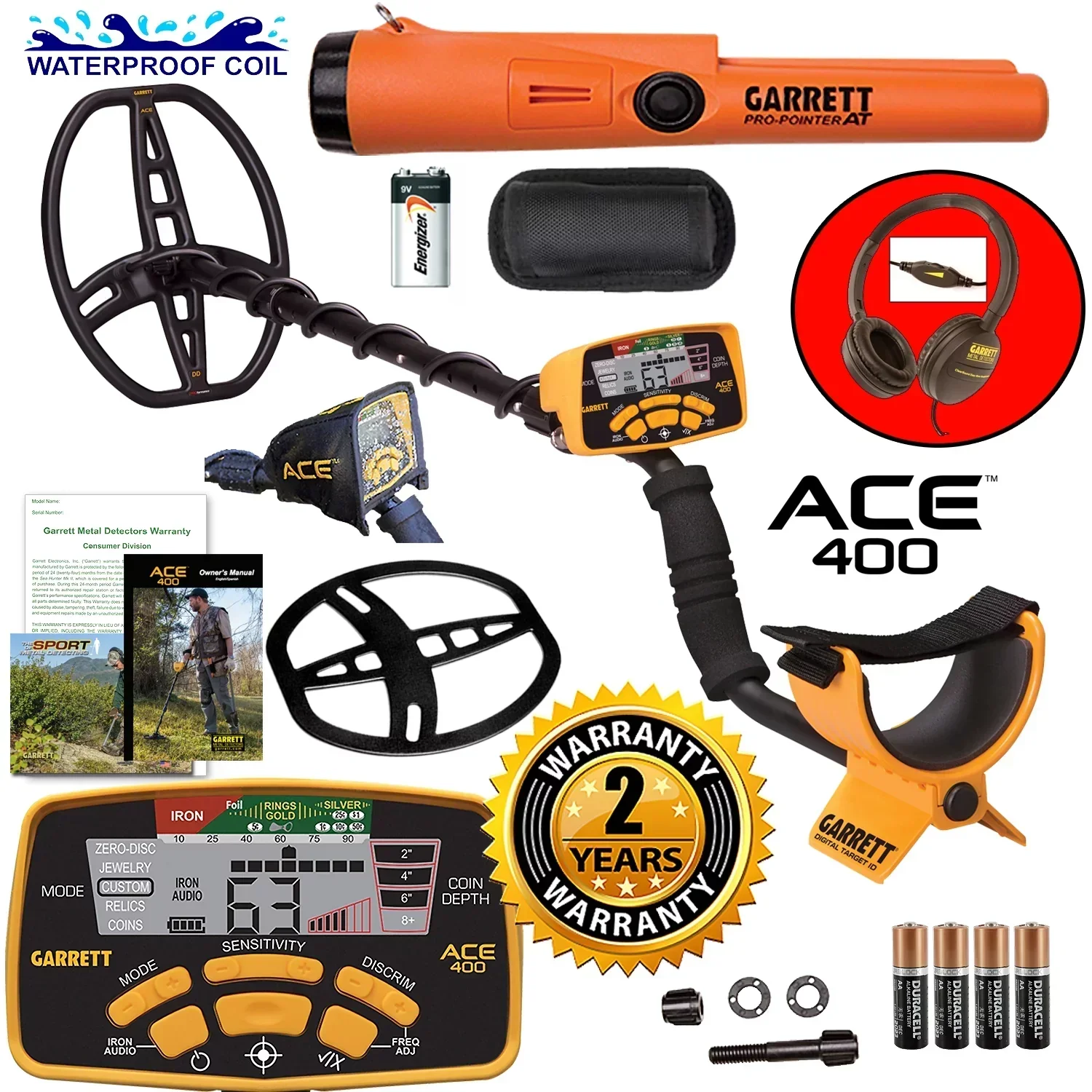 Garrett ACE 400 Metal Detector With 8.5 x 11 in DD Waterproof Search Coil And AT Pro-Pointer Garrett ACE 400 Metal Detector With 8.5 x 11 in DD Waterproof Search Coil And AT Pro-Pointer