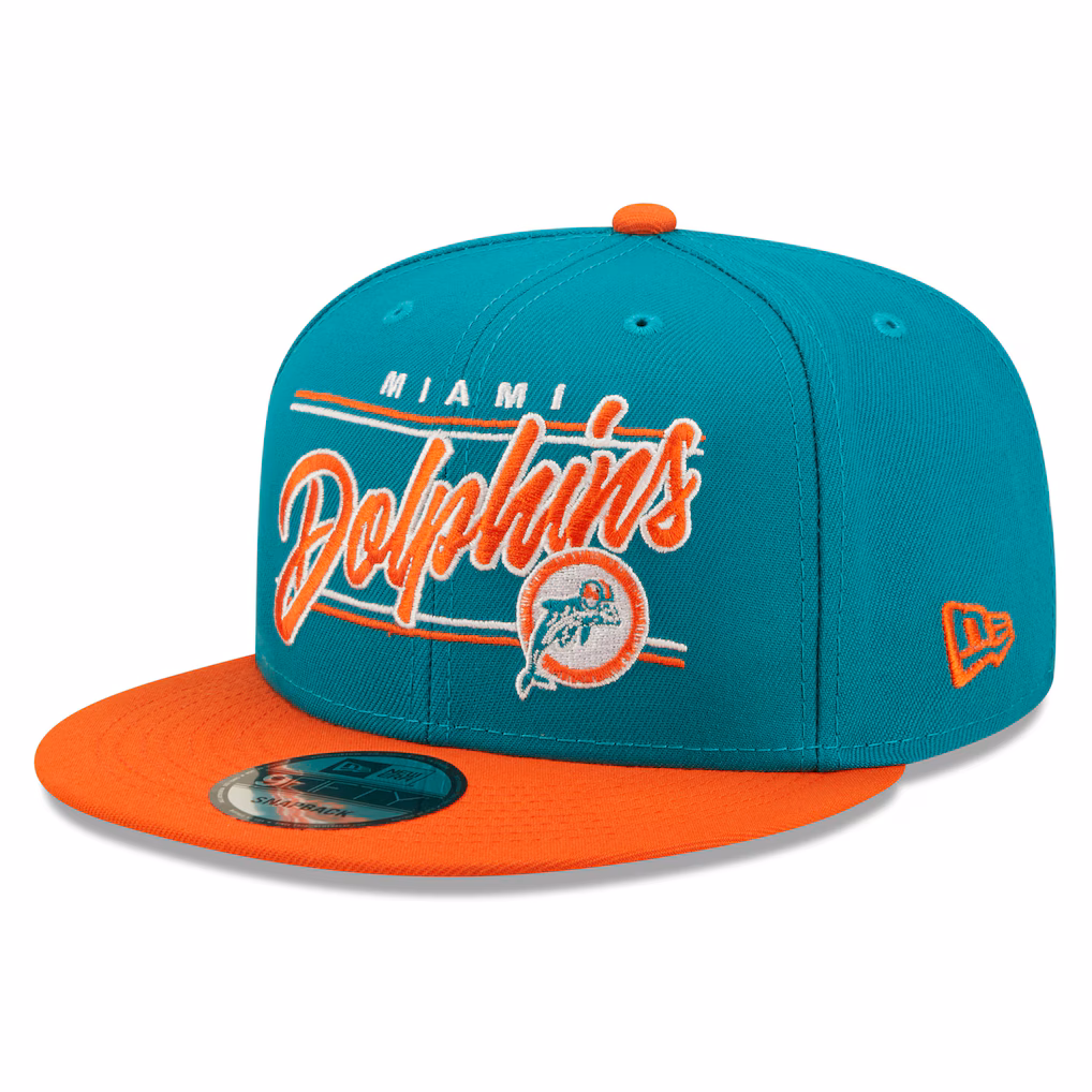 Front angle view of the New Era Miami Dolphins Team Script 9FIFTY Snapback Hat featuring an aqua crown, orange visor, and embroidered script.