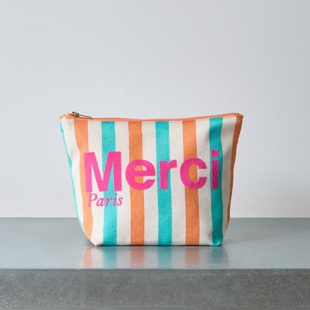 Merci - Pochette en coton rayé - Turquoise & Abricot
