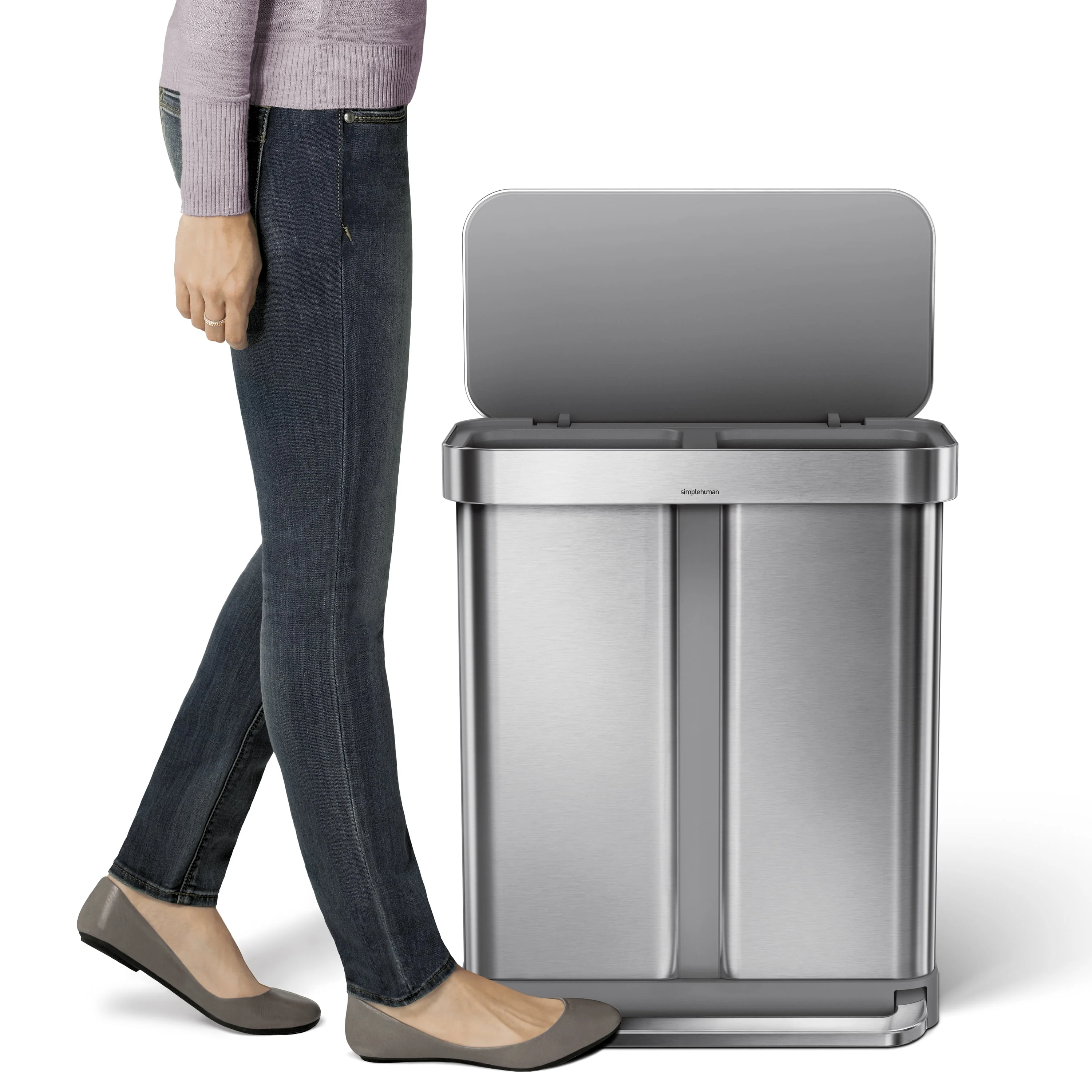 simplehuman 58 Liter / 15.3 Gallon Rectangular Dual Compartment Recycling Step, Brushed Stainless Steel with Soft-Close Plastic Lid Kitchen Trash Can - Image 9