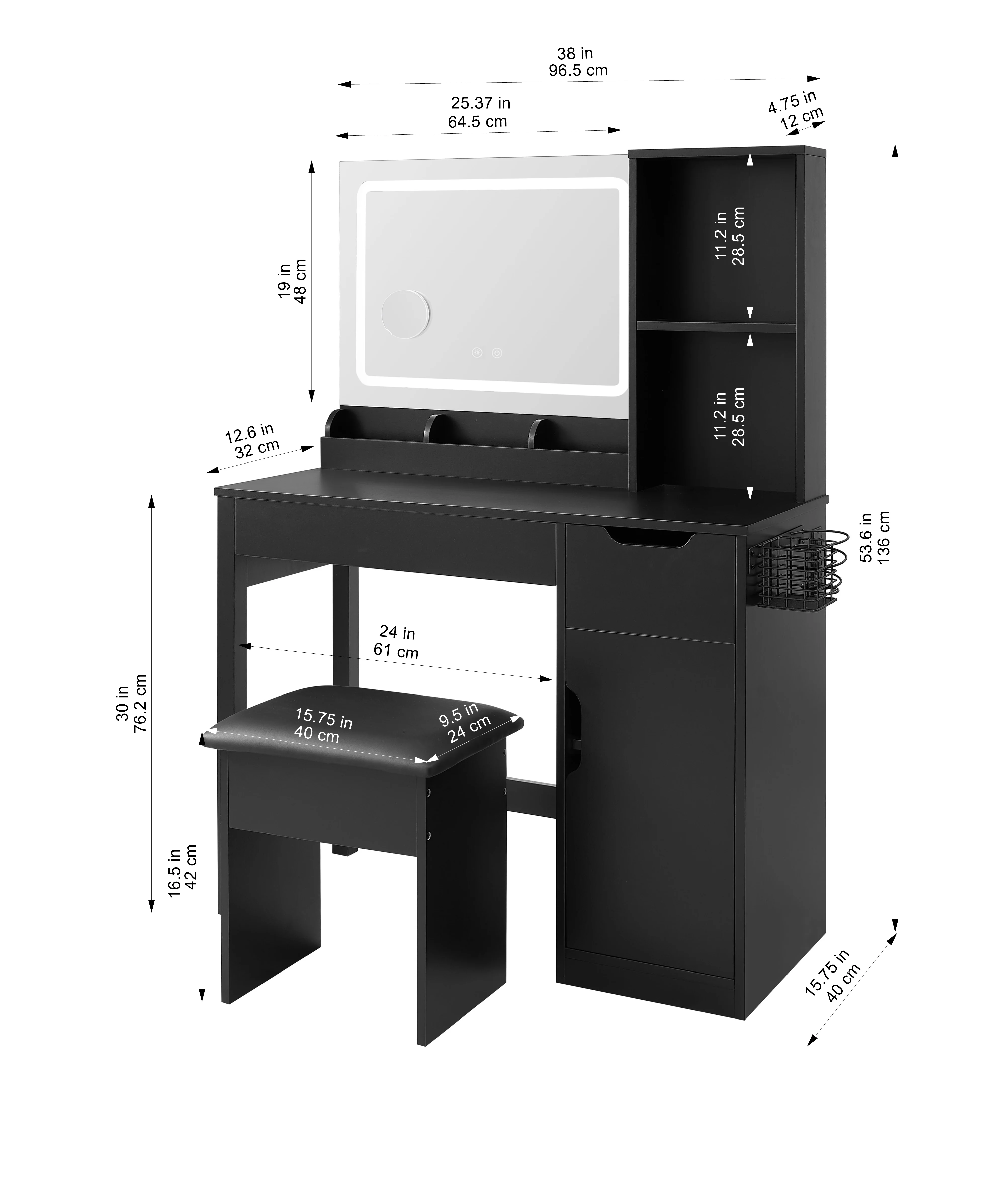 Mainstays Get Ready with Me GRWM Deluxe 2-Piece Vanity and Stool with Lighted Mirror and USB Power, White Finish - Image 41