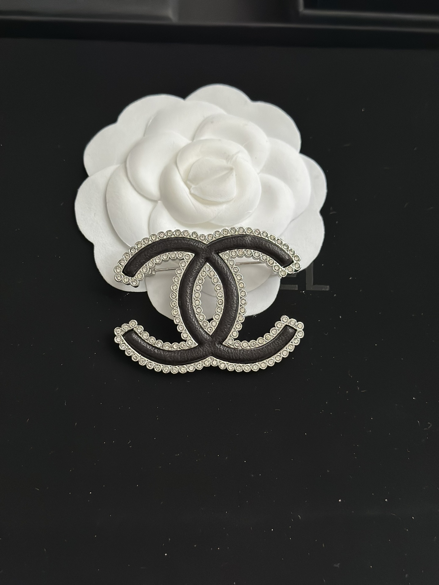 Chanel Paved Diamond Black Leather CC Brooch - Original Replica Club