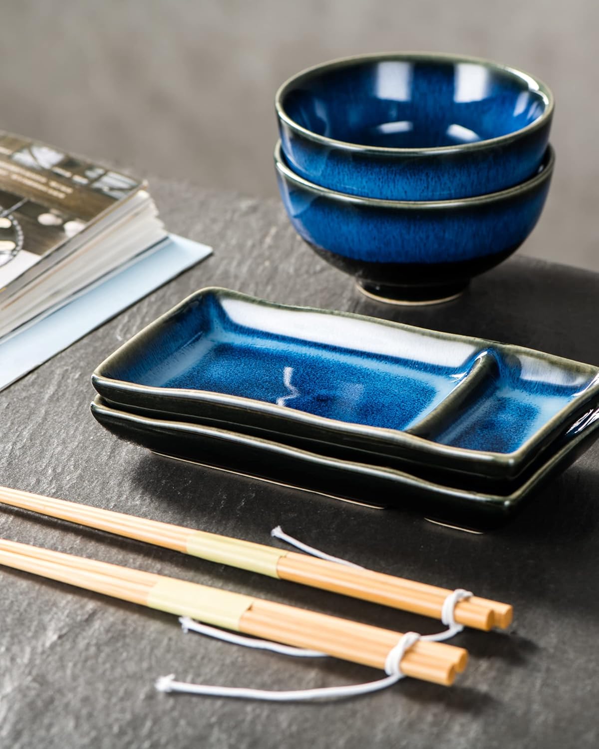 HENXFEN LEAD Ceramic Japanese Appetizer Sushi Plates and Bowls Set for 2 | 7