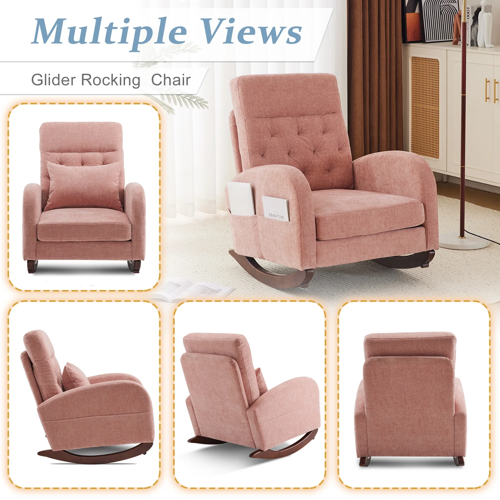Ktaxon Rocking Accent Chair Glider Reading Chair Comfy Teddy Velvet Upholstered Single Sofa Rocker for Living Room, Nursery, Bedroom Beige - Image 21