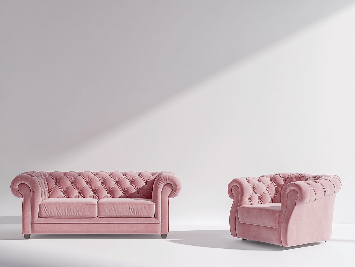 Conjunto de sofá 3 plazas y sillón – terciopelo rosa empolvado – estilo chesterfield – con respaldo capitoné