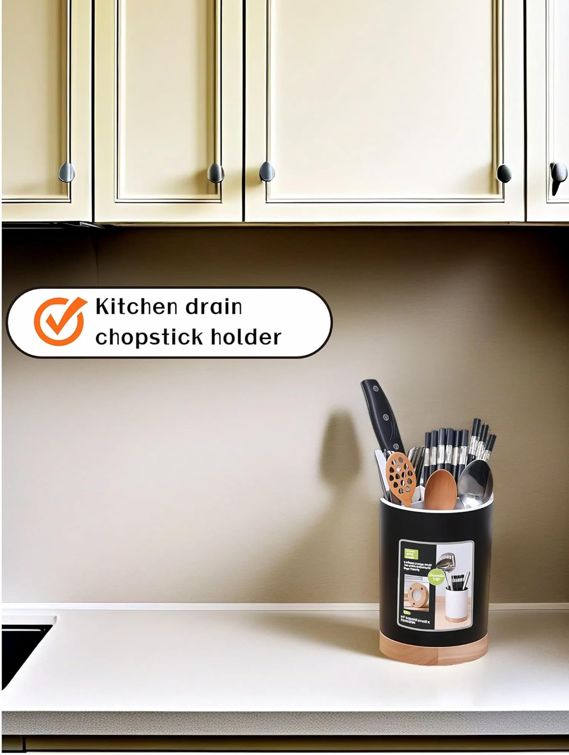 BUBBLE-FLY Modern Kitchen Utensil Holder with Drainage, Black and Wood Base, 3 Compartment Divided Organizer for Spoons Forks Knives, Countertop Caddy for Cooking Tools and Cutlery Storage- Non-Slip