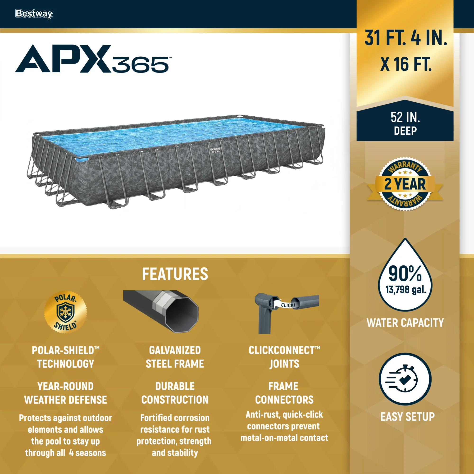 Bestway APX 365 31'4" x 16' x 52" Rectangular Above Ground Swimming Pool - image 2