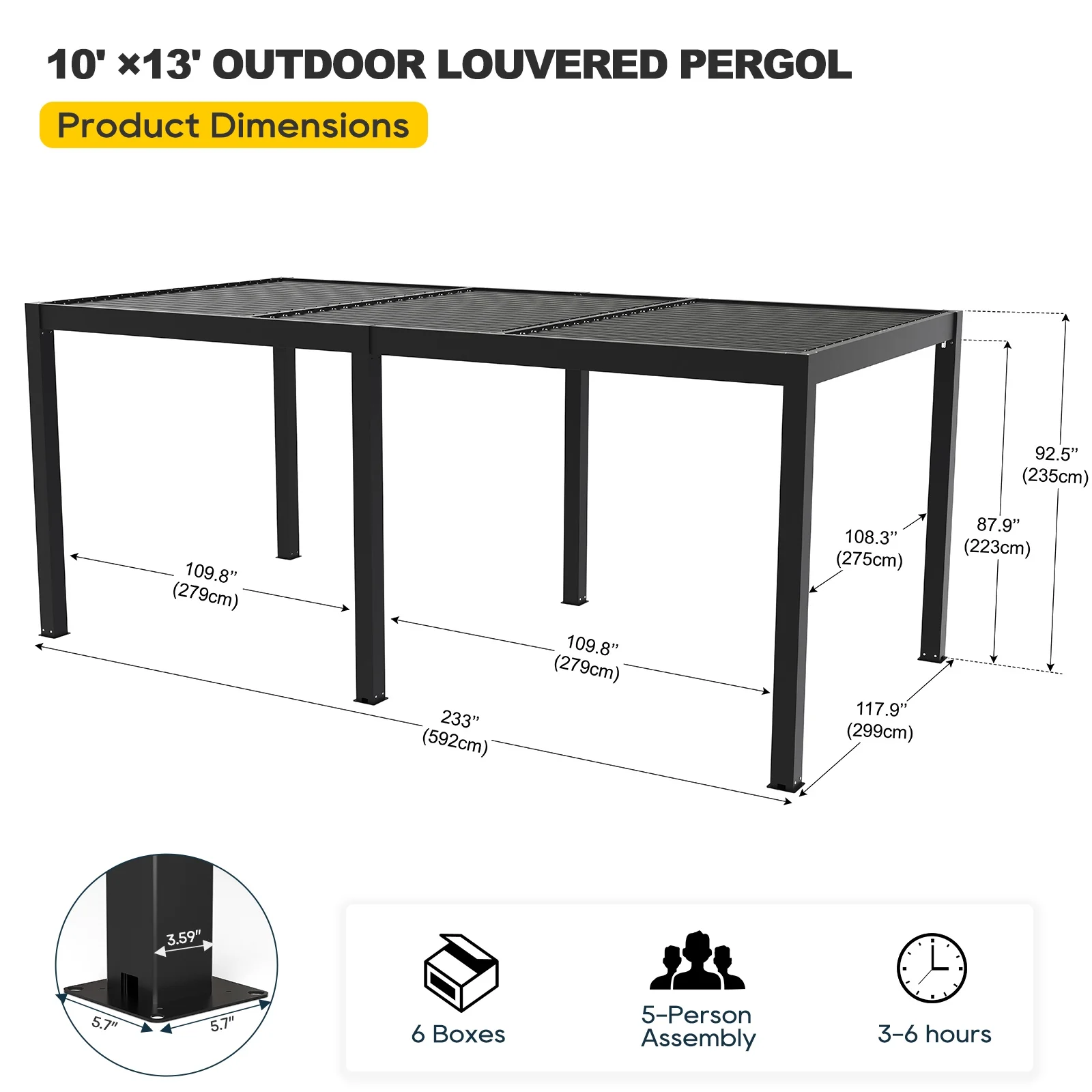 Outdoor Louvered Pergola, Aluminum Outdoor Louvered Pergola Patio with Adjustable Roof for Outdoor Deck,3*6FT,Black - Image 2