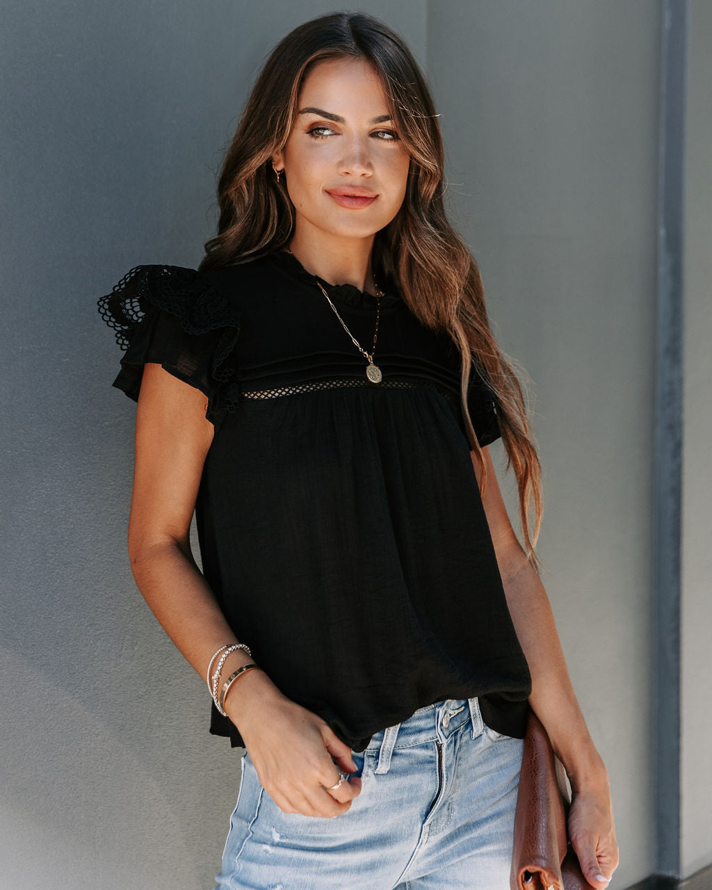 Meadow Crochet Ruffle Sleeve Top - Black - Se7enfashion
