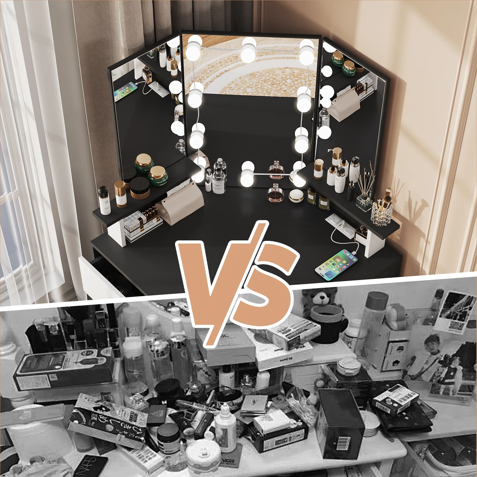 Veanerwood White Corner Vanity Desk with Mirror and Light,Makeup Table with 4 Drawers and Charging Station for Bedroom - Image 21